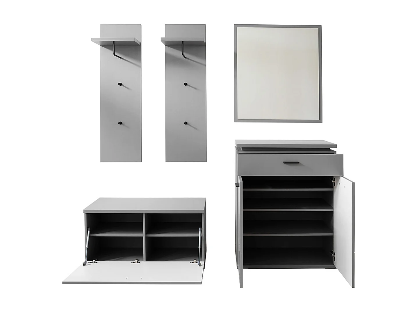 Ensemble d'entrée, armoire + banc de vestiaire + panneau d'armoire + commode + miroir coloris gris arctique