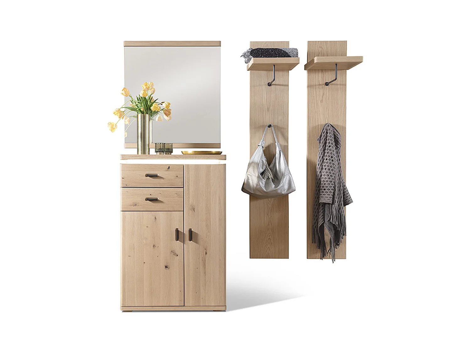 Ensemble d'entrée, 2 panneaux muraux, miroir et armoire coloris chêne bianco, anthracite