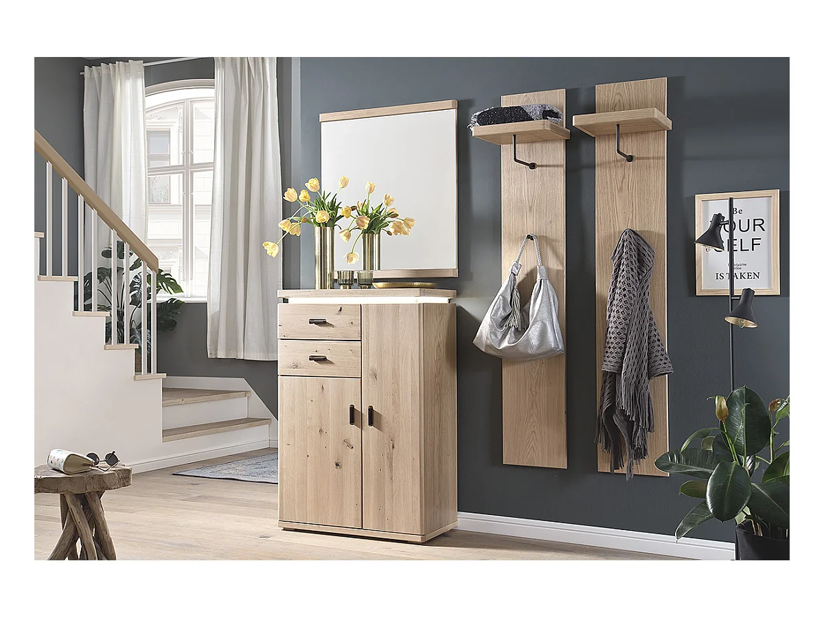 Ensemble d'entrée, 2 panneaux muraux, miroir et armoire coloris chêne bianco, anthracite