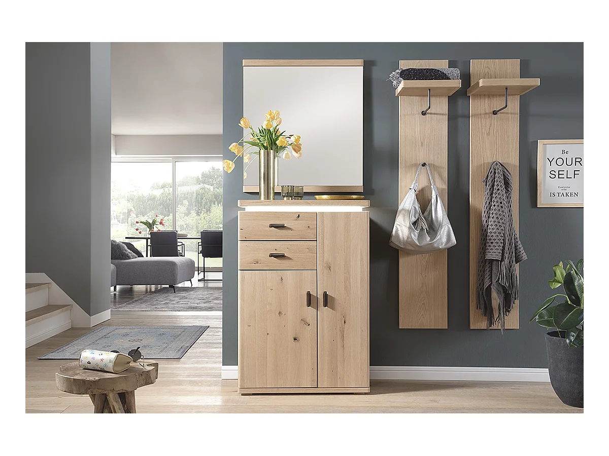 Ensemble d'entrée, 2 panneaux muraux, miroir et armoire coloris chêne bianco, anthracite