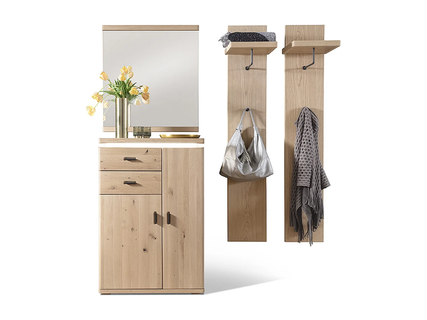 Ensemble d'entrée, 2 panneaux muraux, miroir et armoire coloris chêne bianco, anthracite