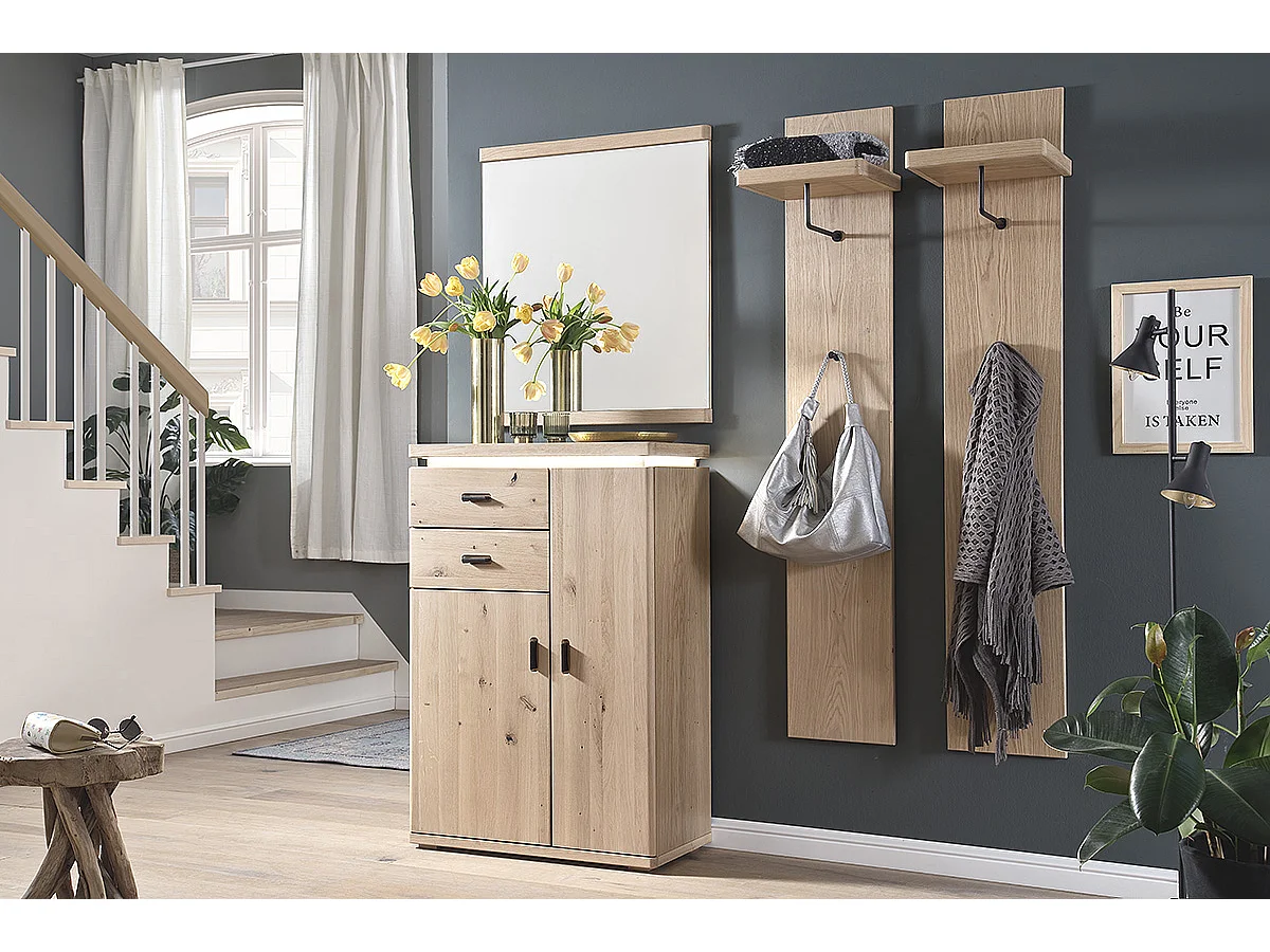 Ensemble d'entrée, 2 panneaux muraux, miroir et armoire coloris chêne bianco, anthracite