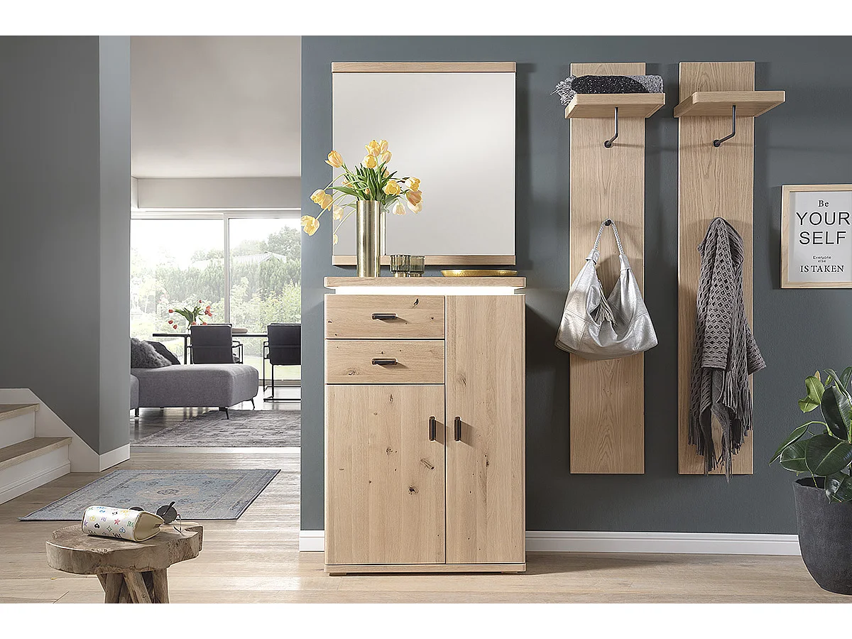 Ensemble d'entrée, 2 panneaux muraux, miroir et armoire coloris chêne bianco, anthracite