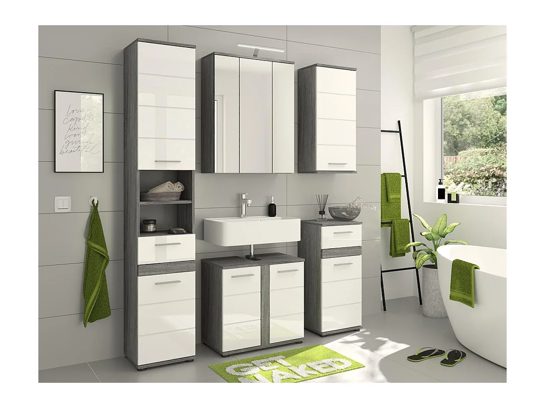 Blake armoire haute pour salle de bain 2 portes, 1 tiroir, 2 tablettes  brillant blanc,enfumé.