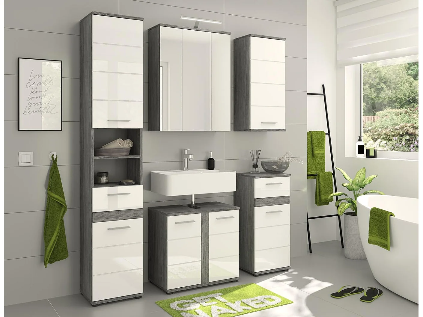 Blake armoire haute pour salle de bain 2 portes, 1 tiroir, 2 tablettes  brillant blanc,enfumé.