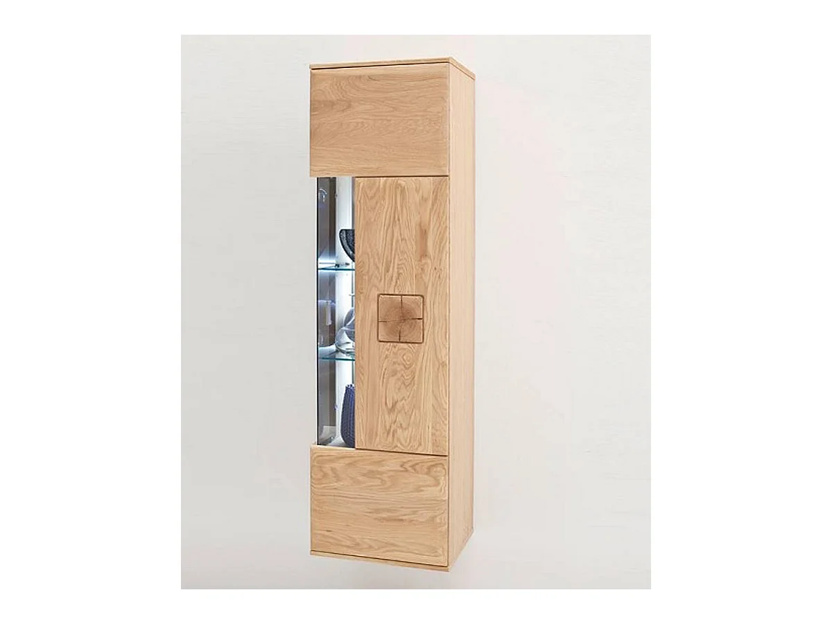 Vitrine murale en chêne massif bianco avec LED - L.45 x H.157 x P.38 cm
