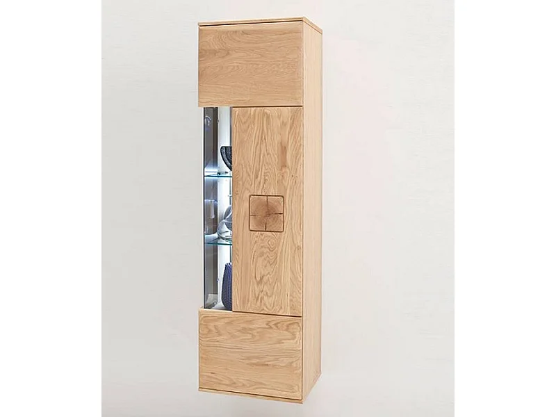Vitrine murale en chêne massif bianco avec LED - L.45 x H.157 x P.38 cm