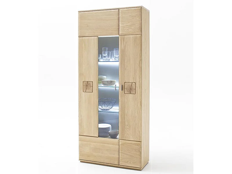 Vitrine en chêne massif Bianco + LED - L.90 x H.208 x P.38 cm