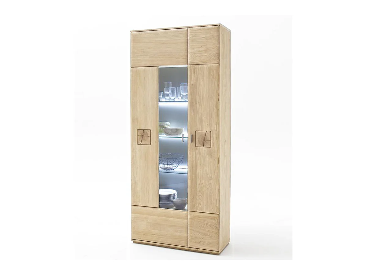 Vitrine en chêne massif Bianco + LED - L.90 x H.208 x P.38 cm