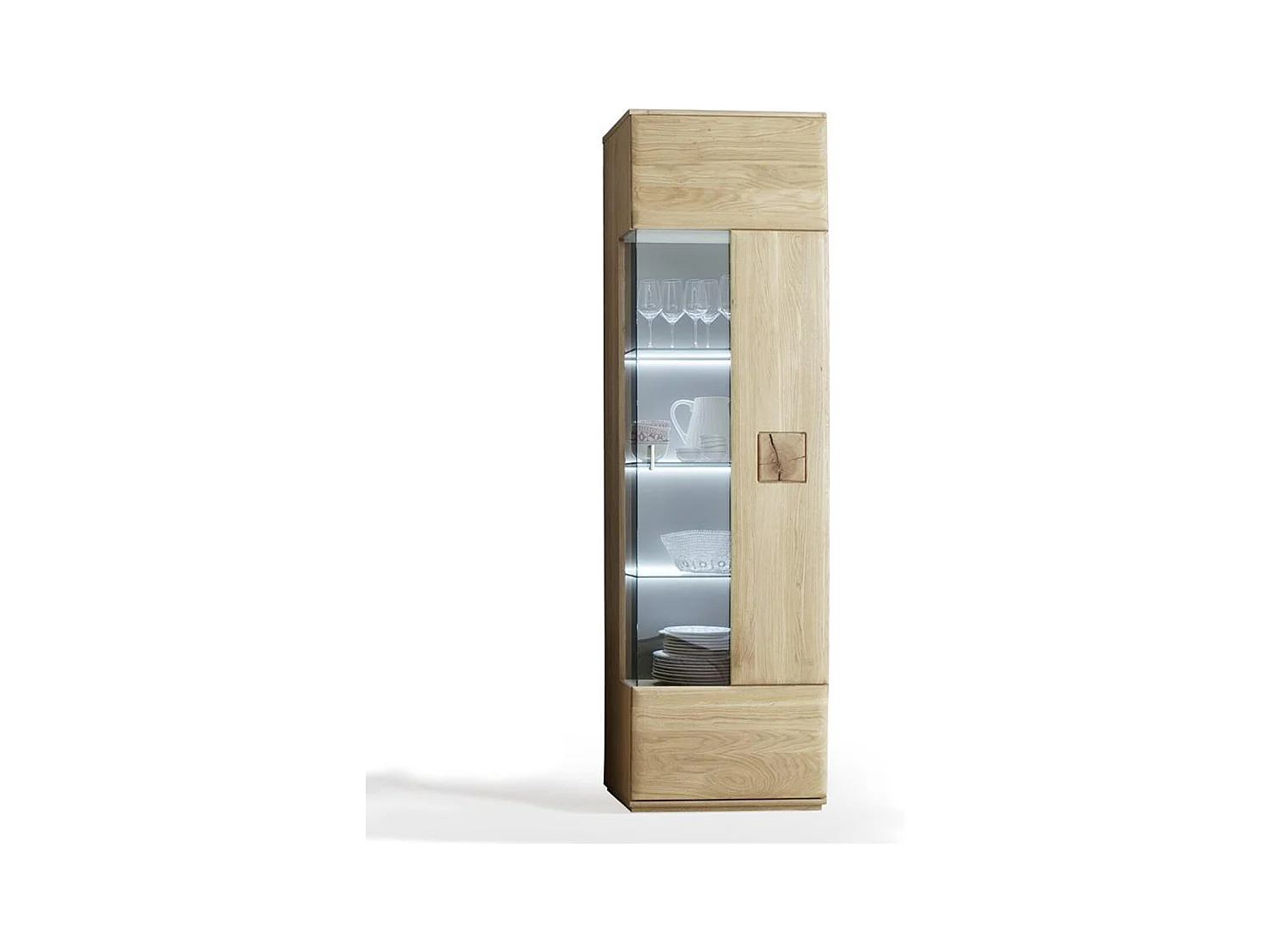 Vitrine droite en chêne massif Bianco + LED - L.60 x H.208 x P.38 cm