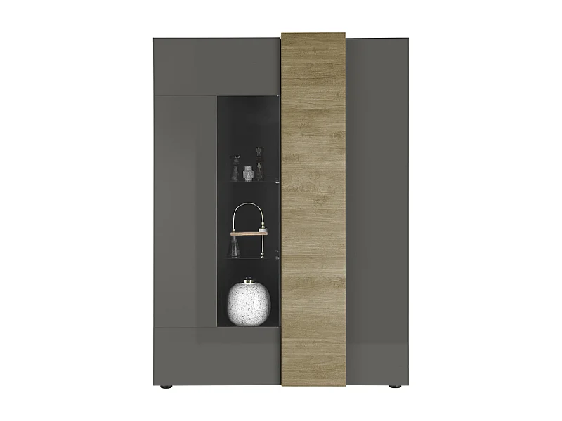 Vitrine, meuble de rangement coloris chêne, gris brillant - Longueur 121 x Hauteur 168 x Profondeur 44 cm