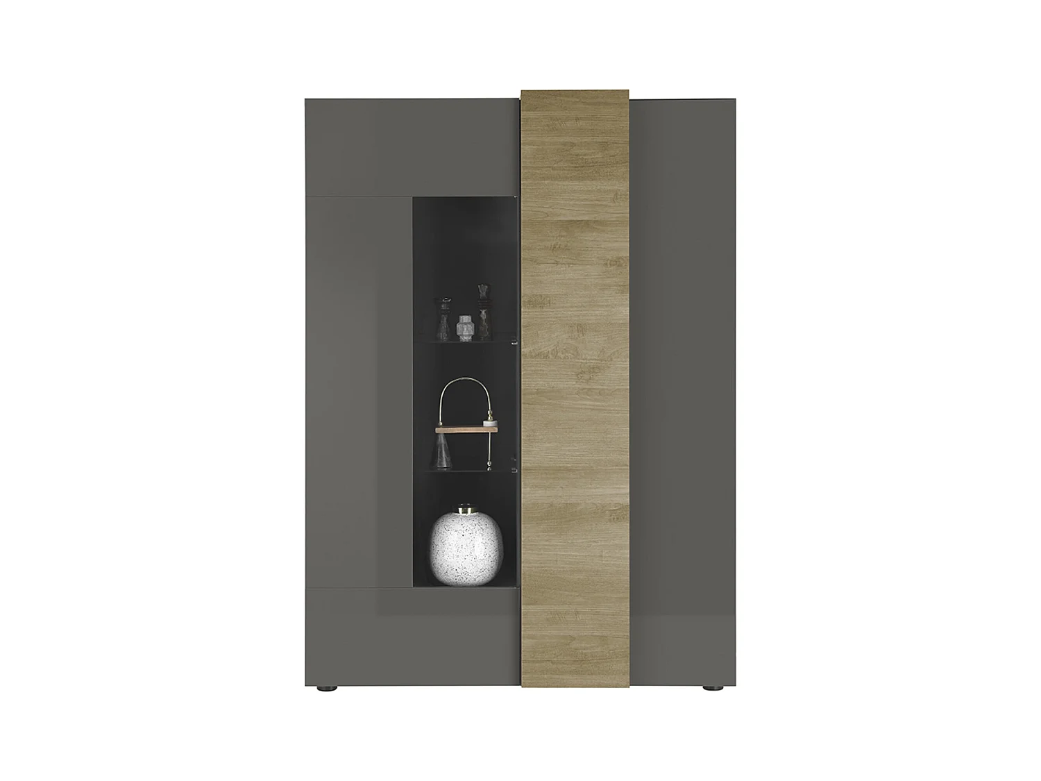 Vitrine, meuble de rangement coloris chêne, gris brillant - Longueur 121 x Hauteur 168 x Profondeur 44 cm