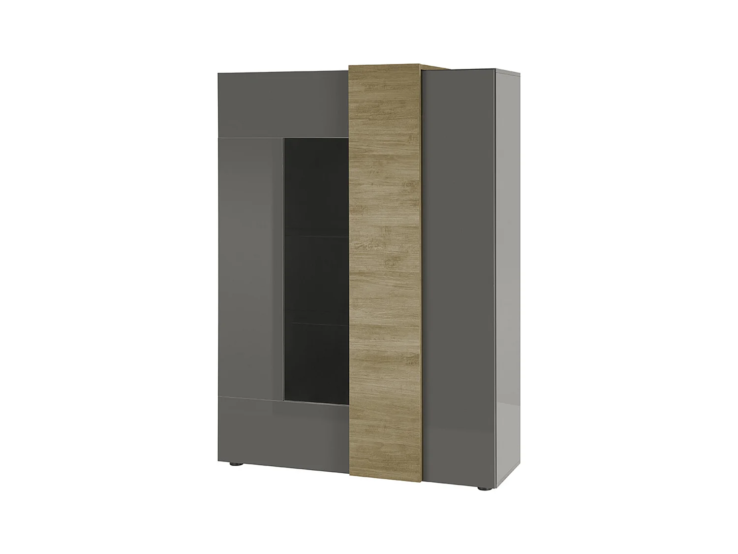 Vitrine, meuble de rangement coloris chêne, gris brillant - Longueur 121 x Hauteur 168 x Profondeur 44 cm