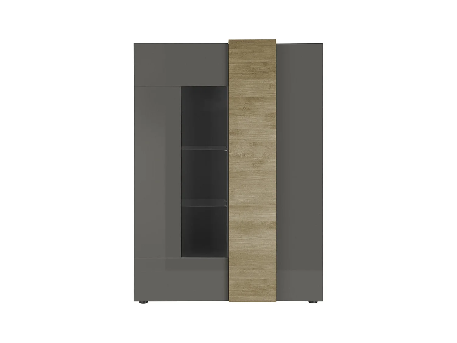 Vitrine, meuble de rangement coloris chêne, gris brillant - Longueur 121 x Hauteur 168 x Profondeur 44 cm