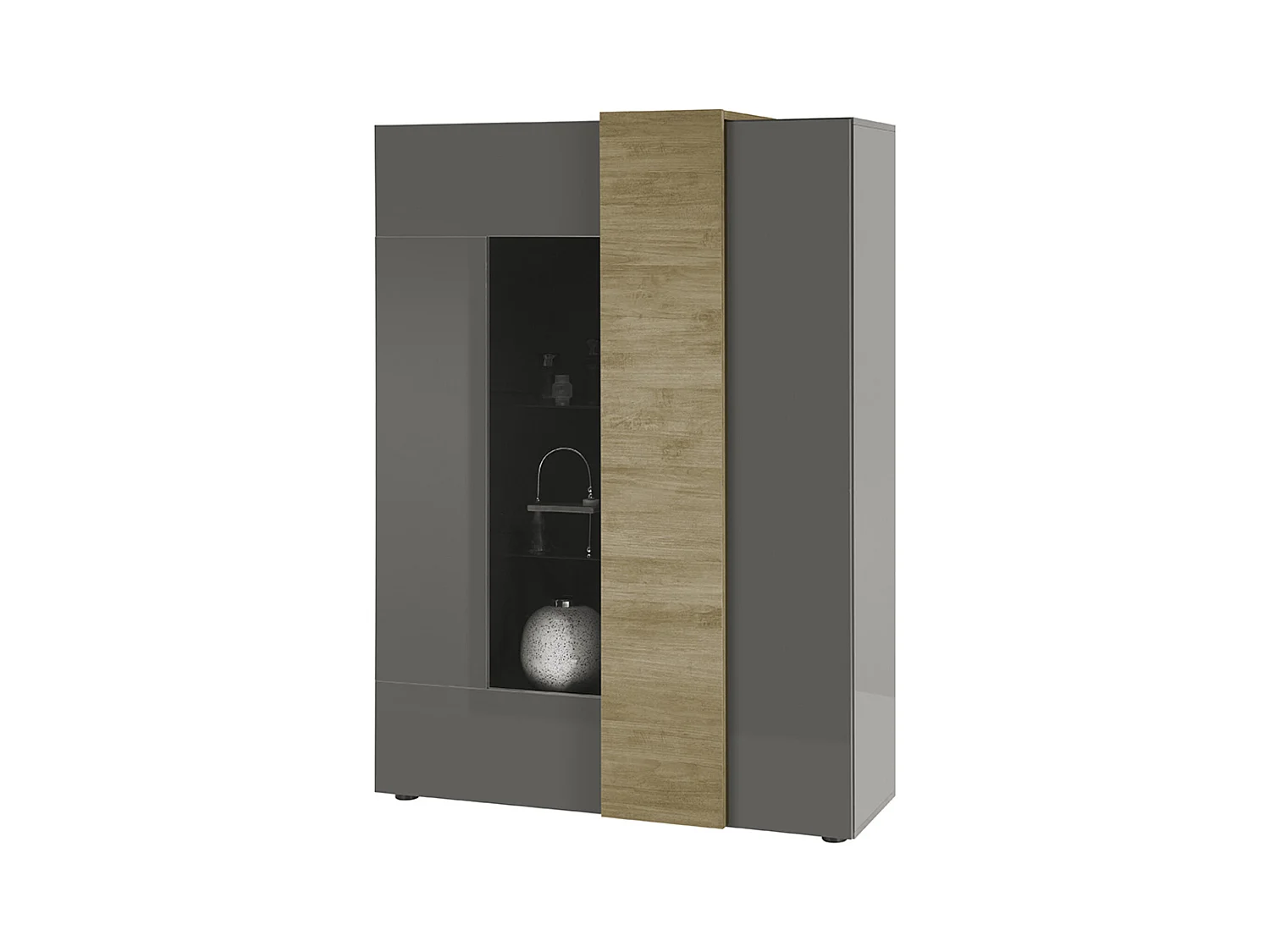 Vitrine, meuble de rangement coloris chêne, gris brillant - Longueur 121 x Hauteur 168 x Profondeur 44 cm