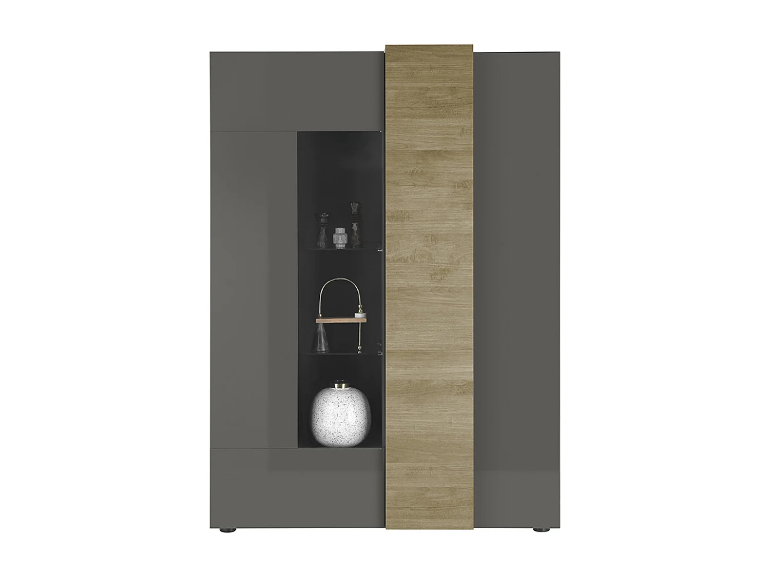 Vitrine, meuble de rangement coloris chêne, gris brillant - Longueur 121 x Hauteur 168 x Profondeur 44 cm