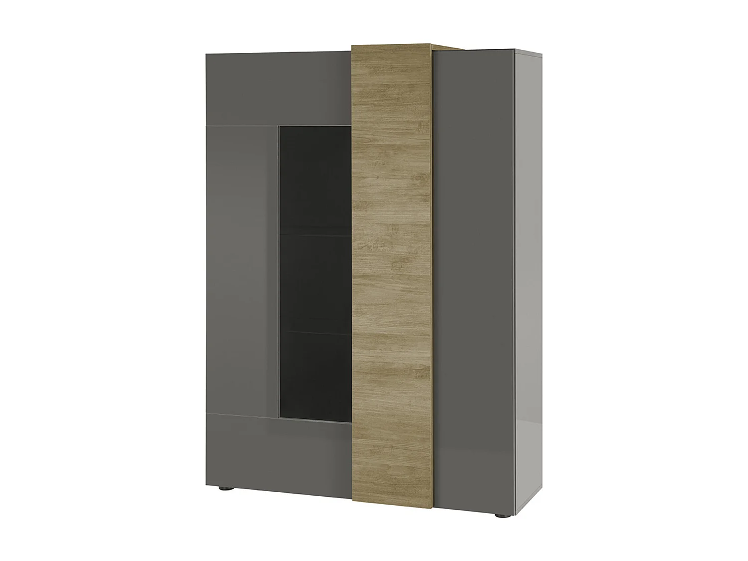 Vitrine, meuble de rangement coloris chêne, gris brillant - Longueur 121 x Hauteur 168 x Profondeur 44 cm