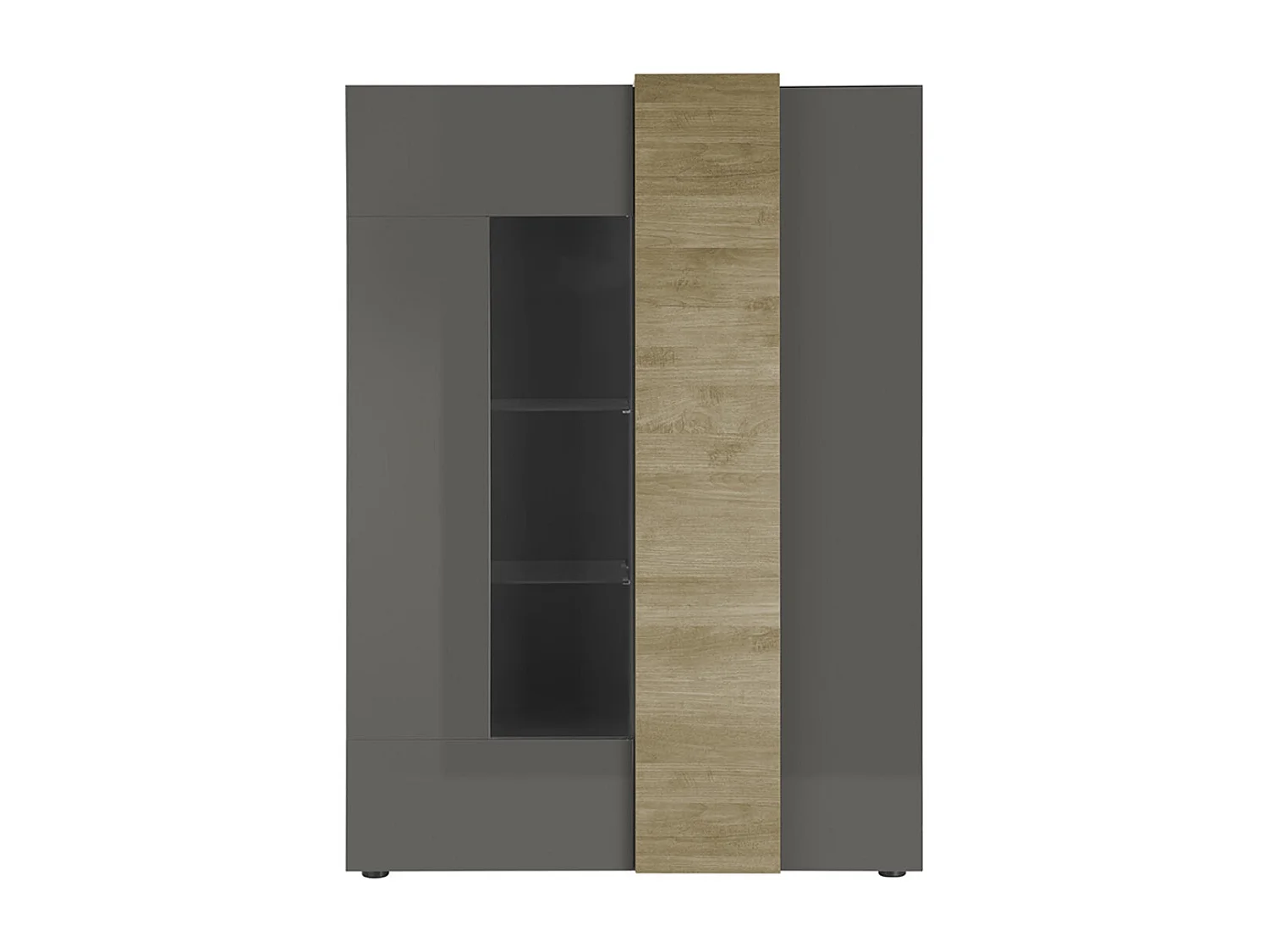 Vitrine, meuble de rangement coloris chêne, gris brillant - Longueur 121 x Hauteur 168 x Profondeur 44 cm
