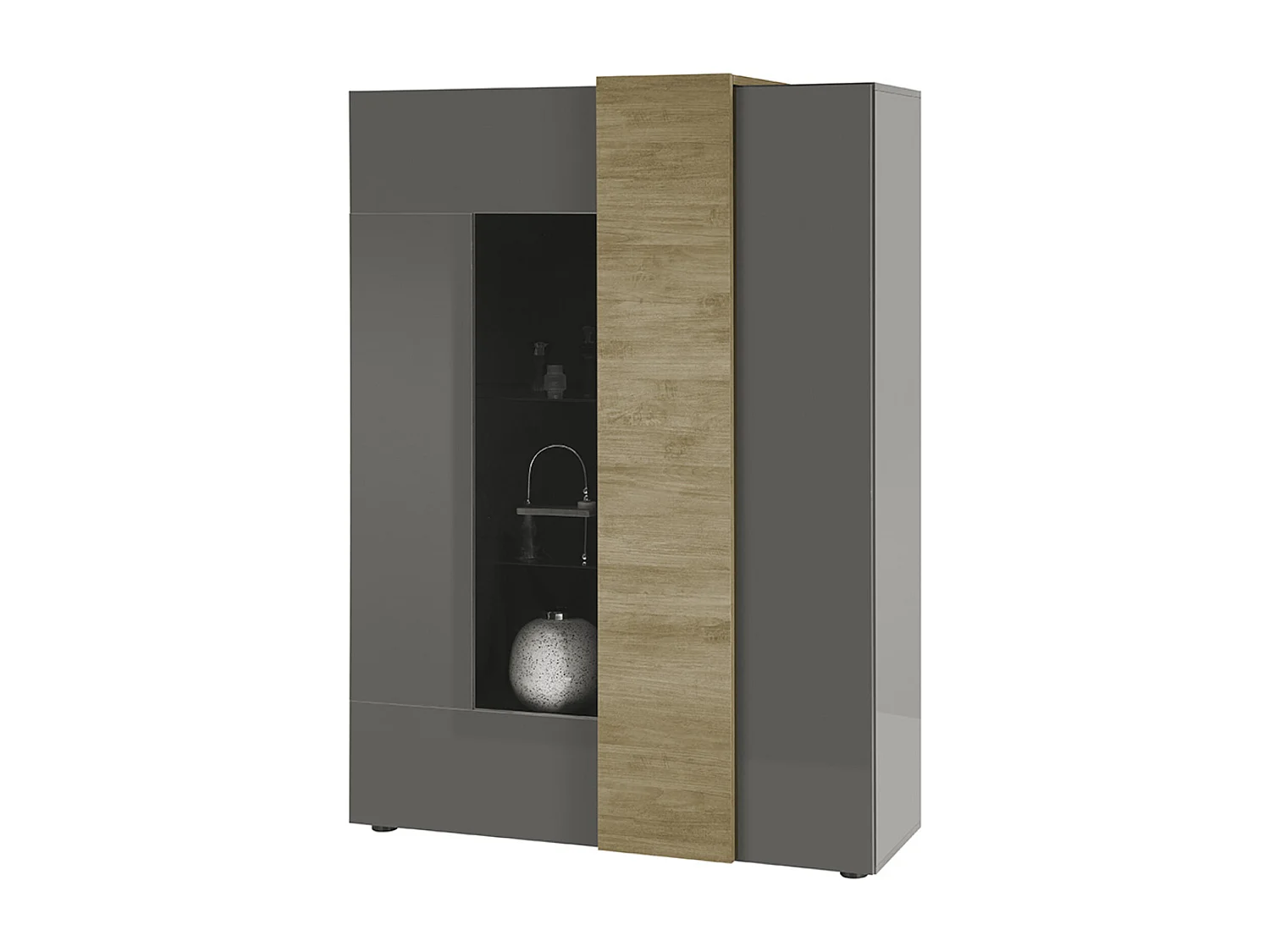 Vitrine, meuble de rangement coloris chêne, gris brillant - Longueur 121 x Hauteur 168 x Profondeur 44 cm