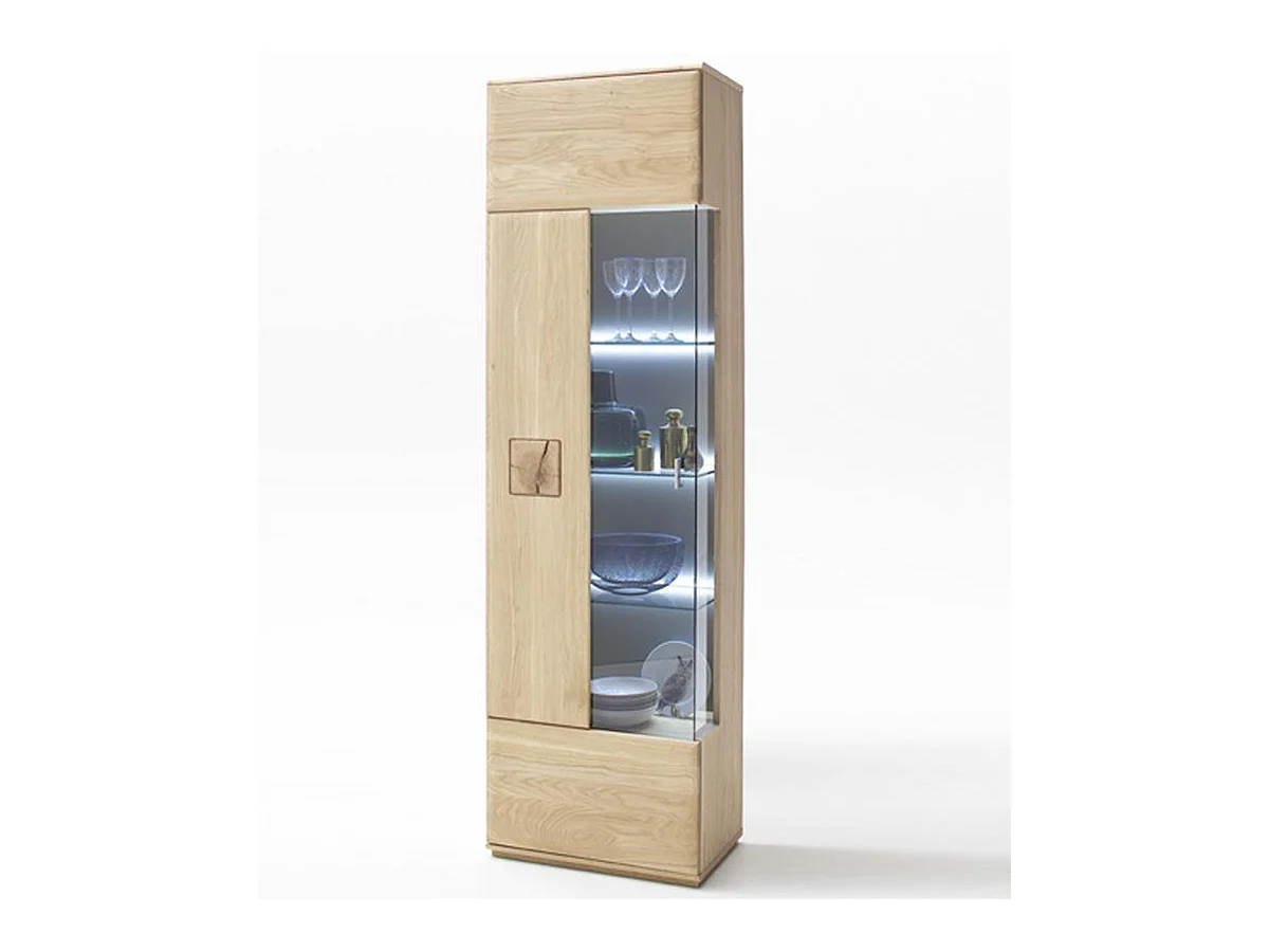 Vitrine à gauche en chêne massif Bianco + LED - L.60 x H.208 x P.38 cm