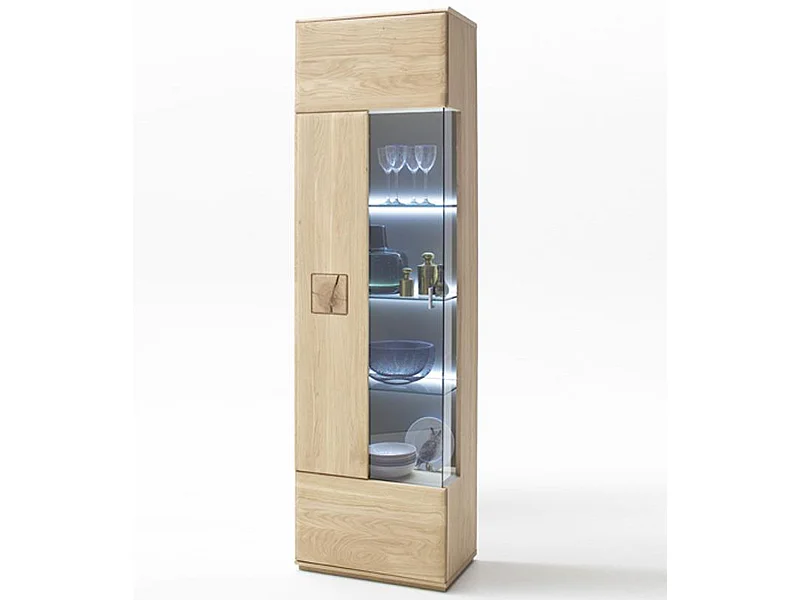 Vitrine à gauche en chêne massif Bianco + LED - L.60 x H.208 x P.38 cm