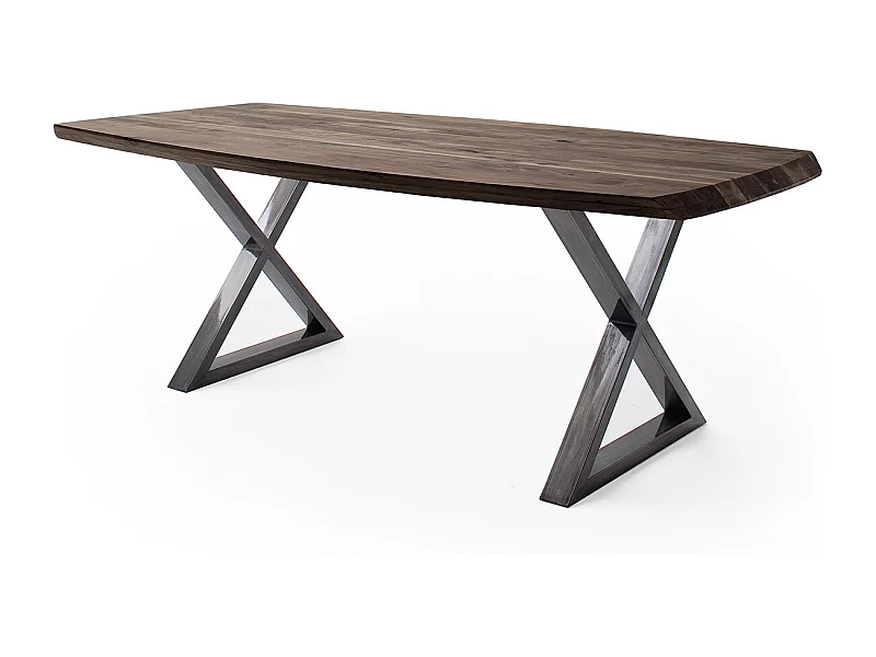 Table de salle à manger rectangulaire en bois d'acacia coloris noyer, pieds croisés en métal anthracite antique - longueur 180 x hauteur 77 x profondeur 100 cm