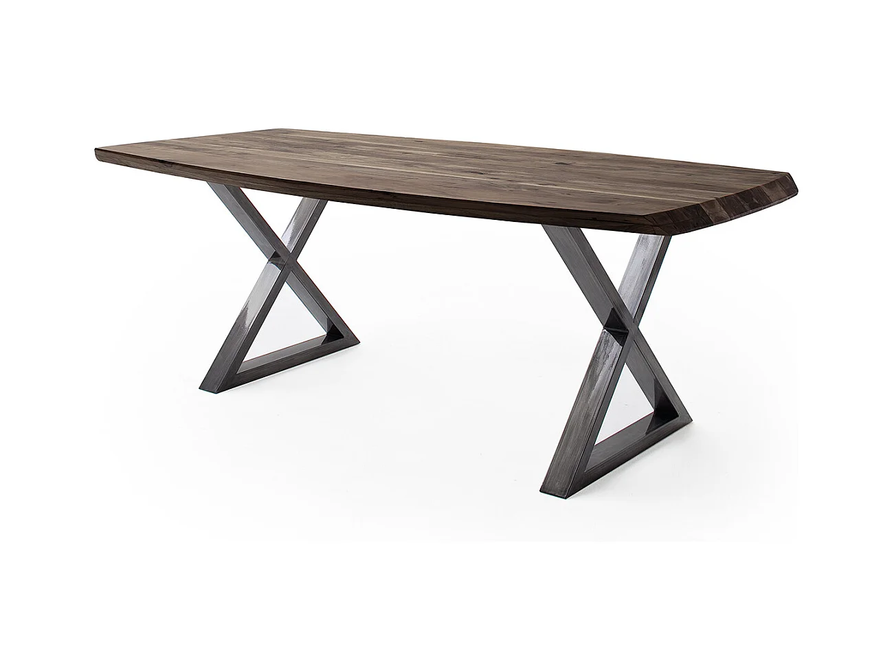 Table de salle à manger rectangulaire en bois d'acacia coloris noyer, pieds croisés en métal anthracite antique - longueur 180 x hauteur 77 x profondeur 100 cm