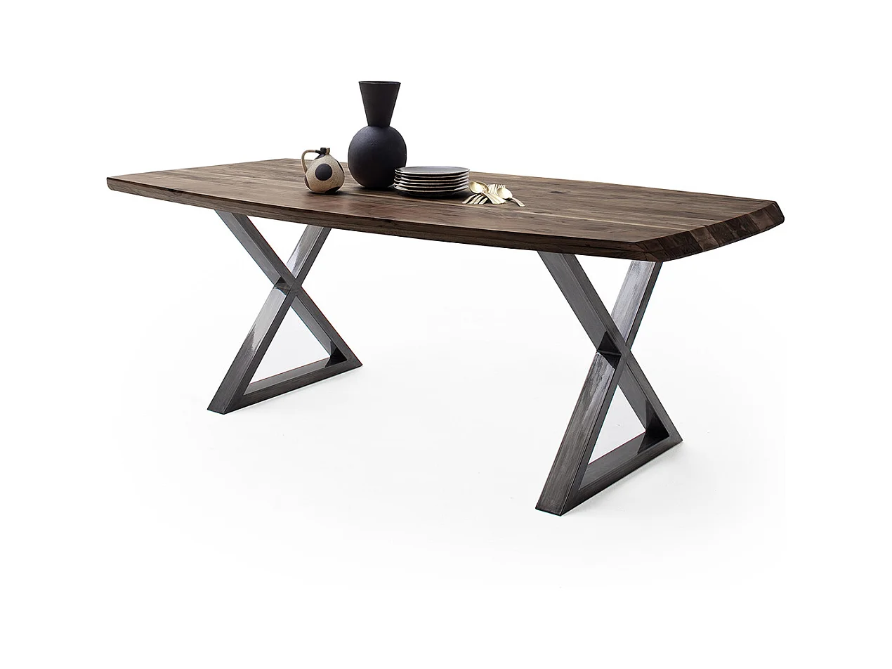 Table de salle à manger rectangulaire en bois d'acacia coloris noyer, pieds croisés en métal anthracite antique - longueur 180 x hauteur 77 x profondeur 100 cm