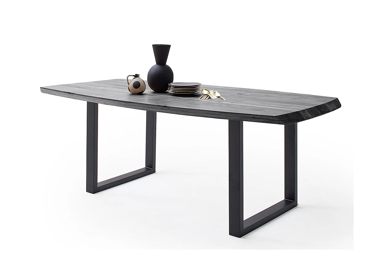 Table de salle à manger rectangulaire en bois d'acacia coloris gris, pieds en métal peint anthracite - longueur 180 x hauteur 77 x profondeur 100 cm