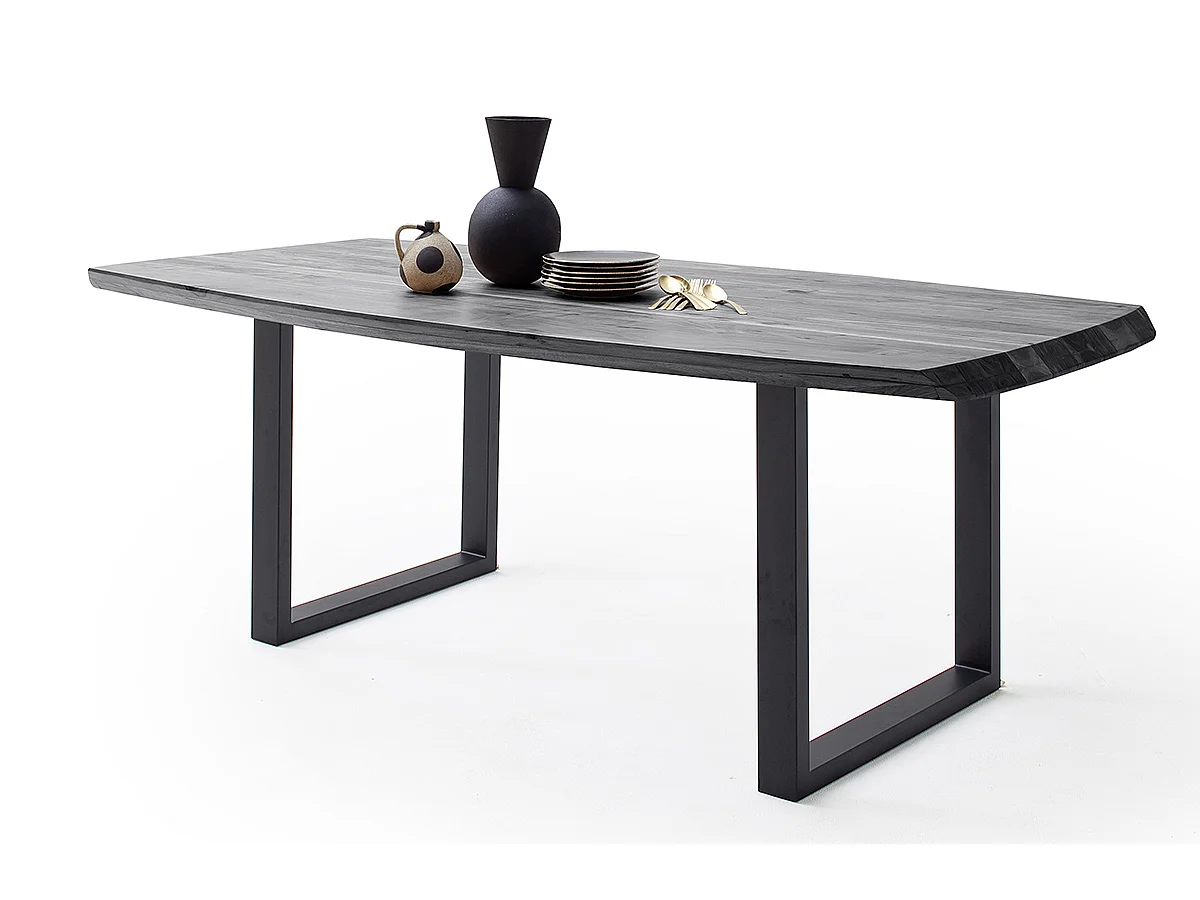 Table de salle à manger rectangulaire en bois d'acacia coloris gris, pieds en métal peint anthracite - longueur 180 x hauteur 77 x profondeur 100 cm