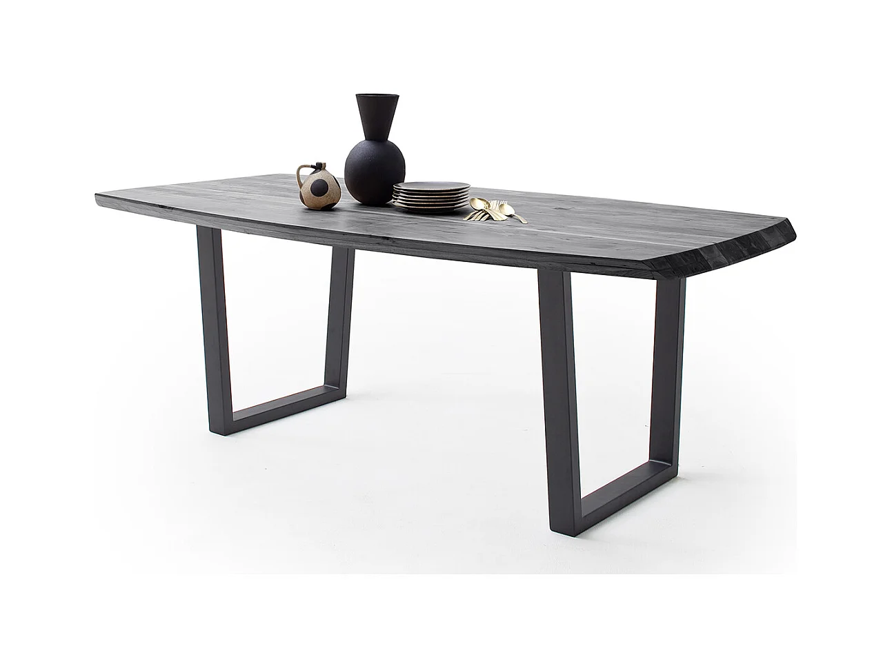 Table de salle à manger rectangulaire en bois d'acacia coloris gris, pieds en métal peint anthracite - longueur 220 x hauteur 77 x profondeur 100 cm