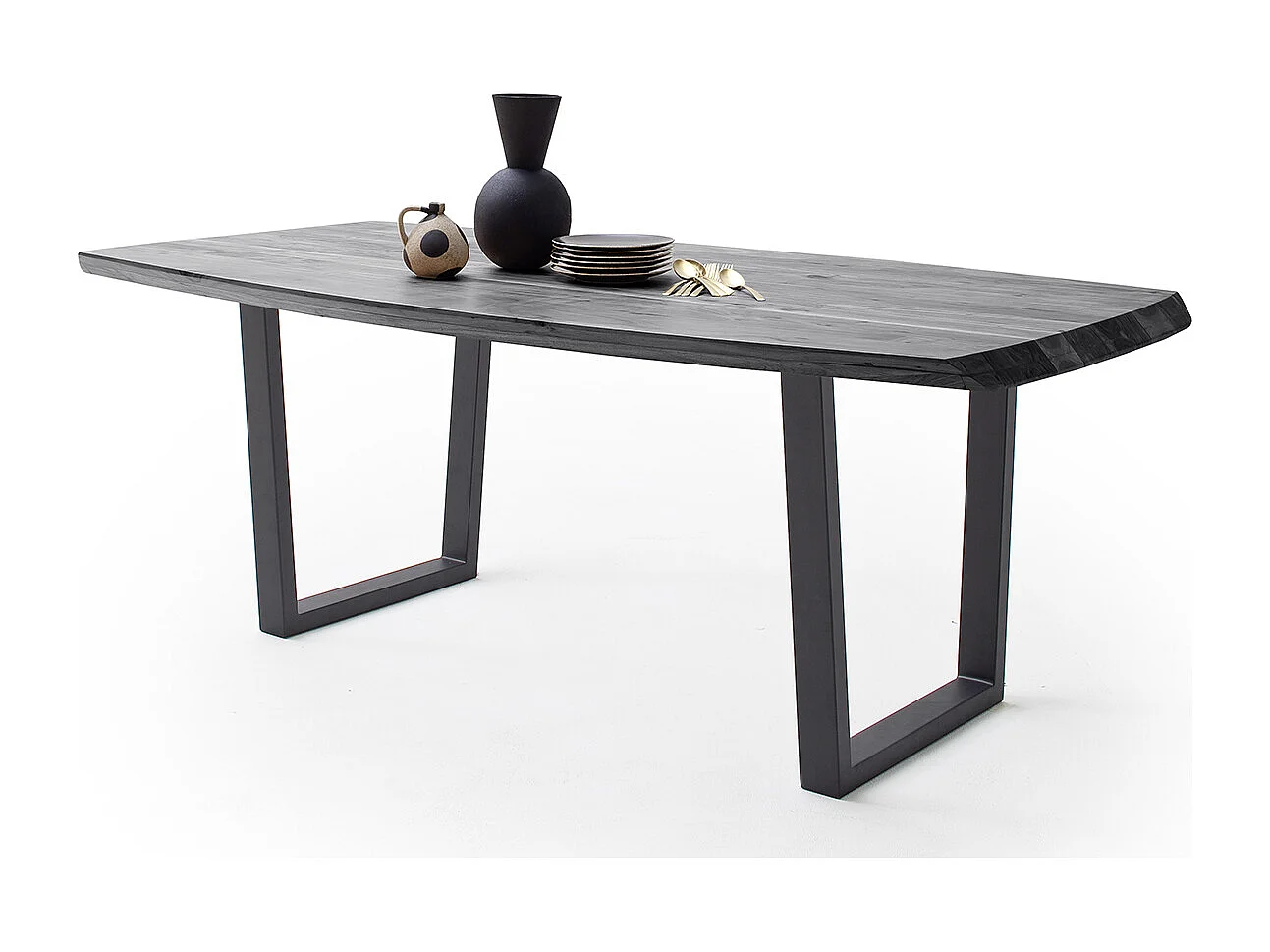 Table de salle à manger rectangulaire en bois d'acacia coloris gris, pieds en métal peint anthracite - longueur 220 x hauteur 77 x profondeur 100 cm