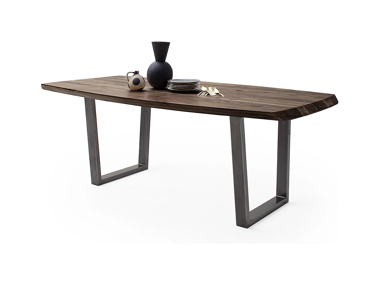Table de salle à manger rectangulaire en bois d'acacia coloris noyer, pieds en métal anthracite antique - longueur 220 x hauteur 77 x profondeur 100 cm