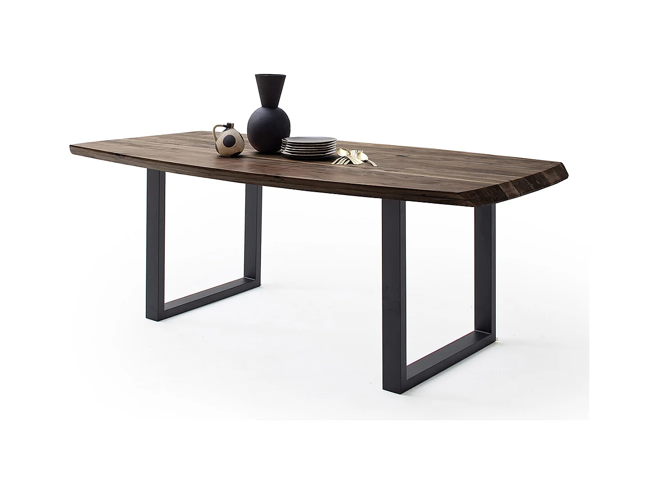 Table de salle à manger rectangulaire en bois d'acacia coloris noyer, pieds en métal peint anthracite - longueur 180 x hauteur 77 x profondeur 100 cm