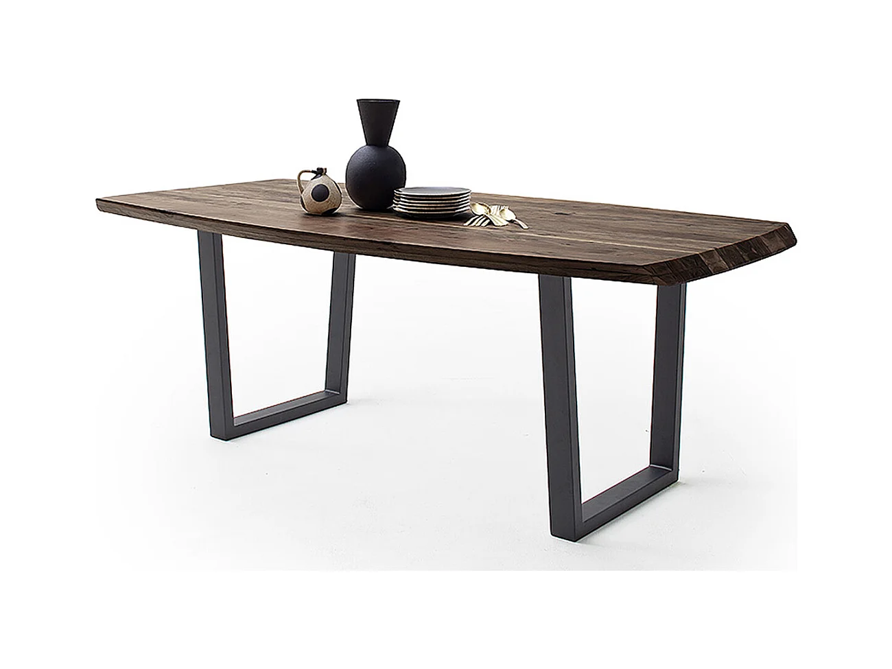Table de salle à manger rectangulaire en bois d'acacia coloris noyer, pieds en métal peint coloris anthracite - longueur 180 x hauteur 77 x profondeur 100 cm