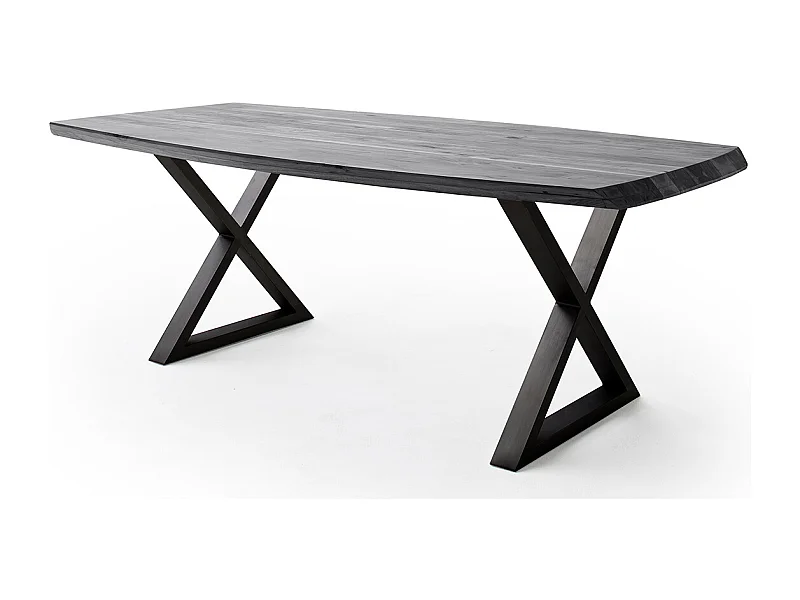 Table de salle à manger rectangulaire en bois d'acacia coloris gris, pieds croisés en métal peint anthracite - longueur 180 x hauteur 77 x profondeur 100 cm