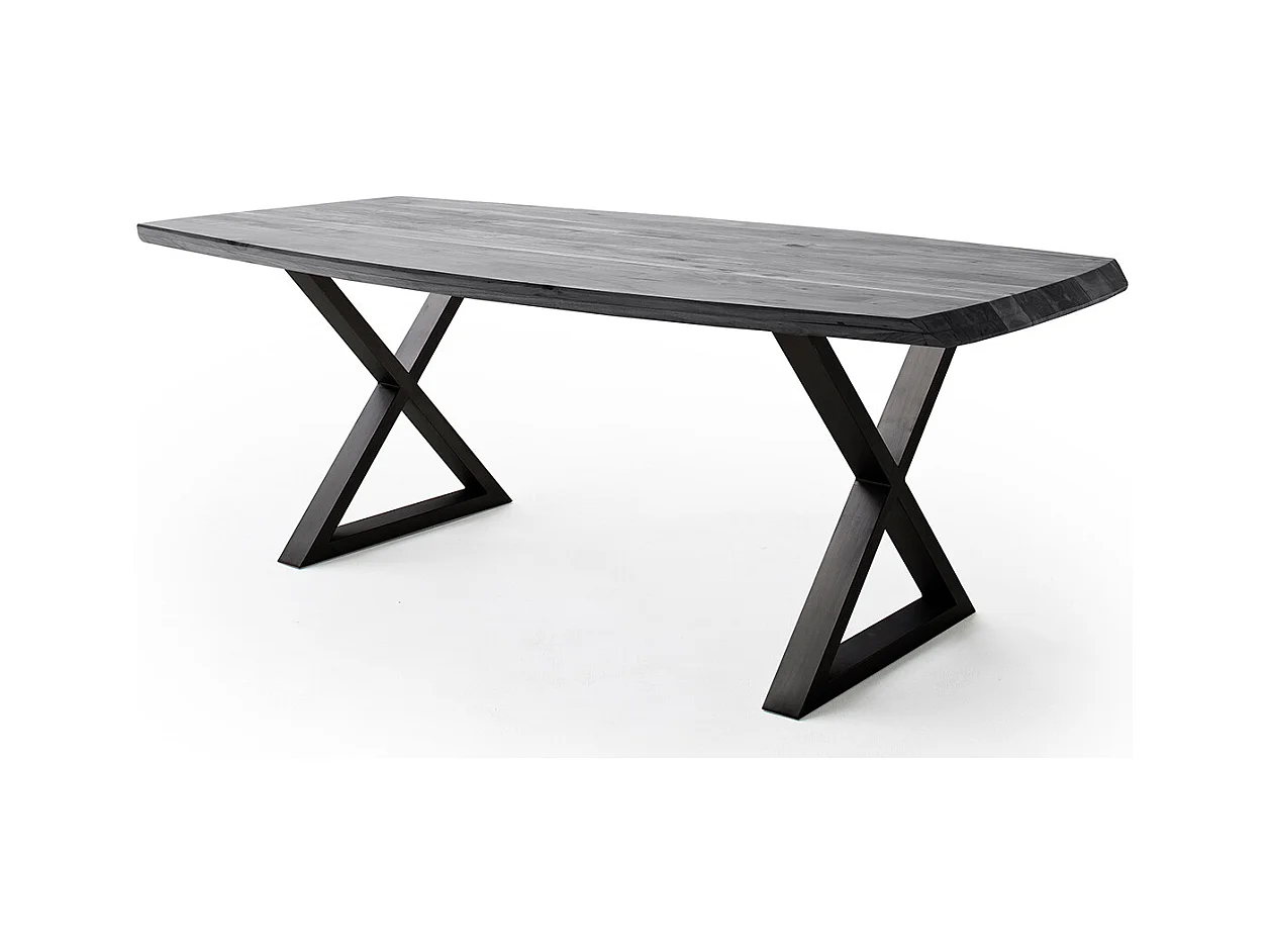 Table de salle à manger rectangulaire en bois d'acacia coloris gris, pieds croisés en métal peint anthracite - longueur 180 x hauteur 77 x profondeur 100 cm