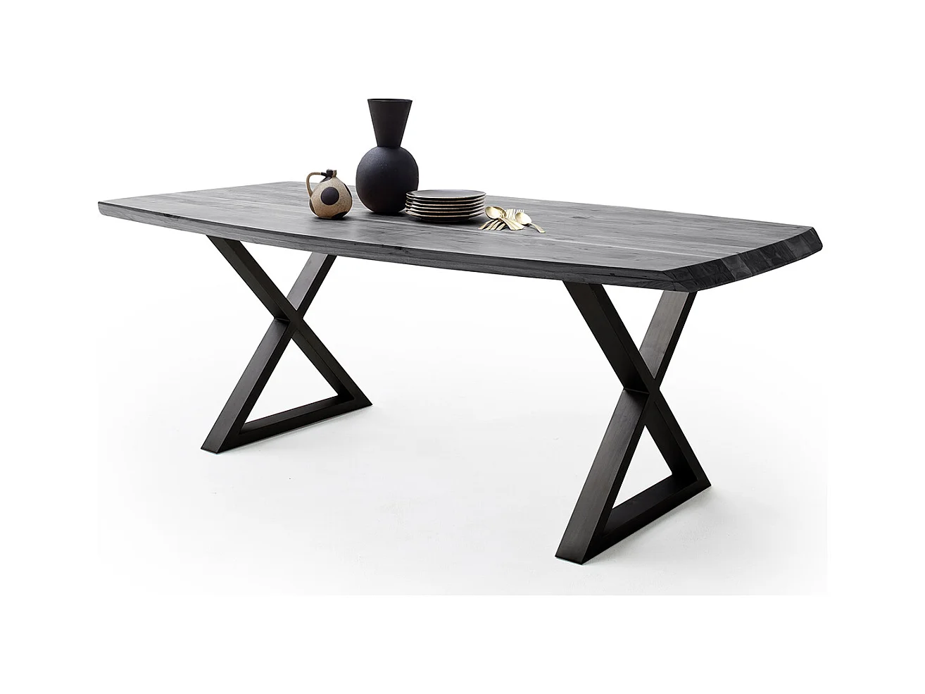 Table de salle à manger rectangulaire en bois d'acacia coloris gris, pieds croisés en métal peint anthracite - longueur 180 x hauteur 77 x profondeur 100 cm