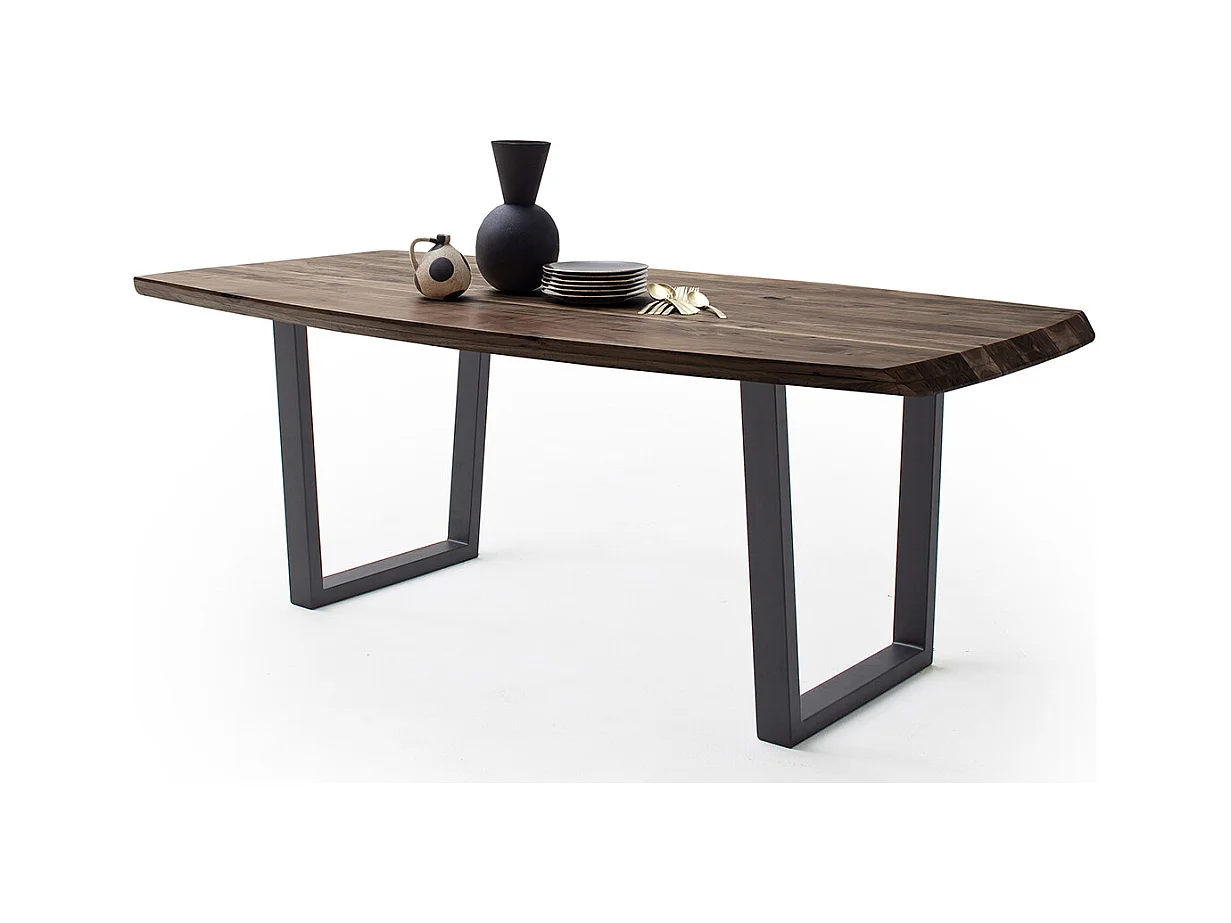 Table de salle à manger rectangulaire en bois d'acacia coloris Noyer, pieds en métal peint anthracite - longueur 200 x hauteur 77 x profondeur 100 cm