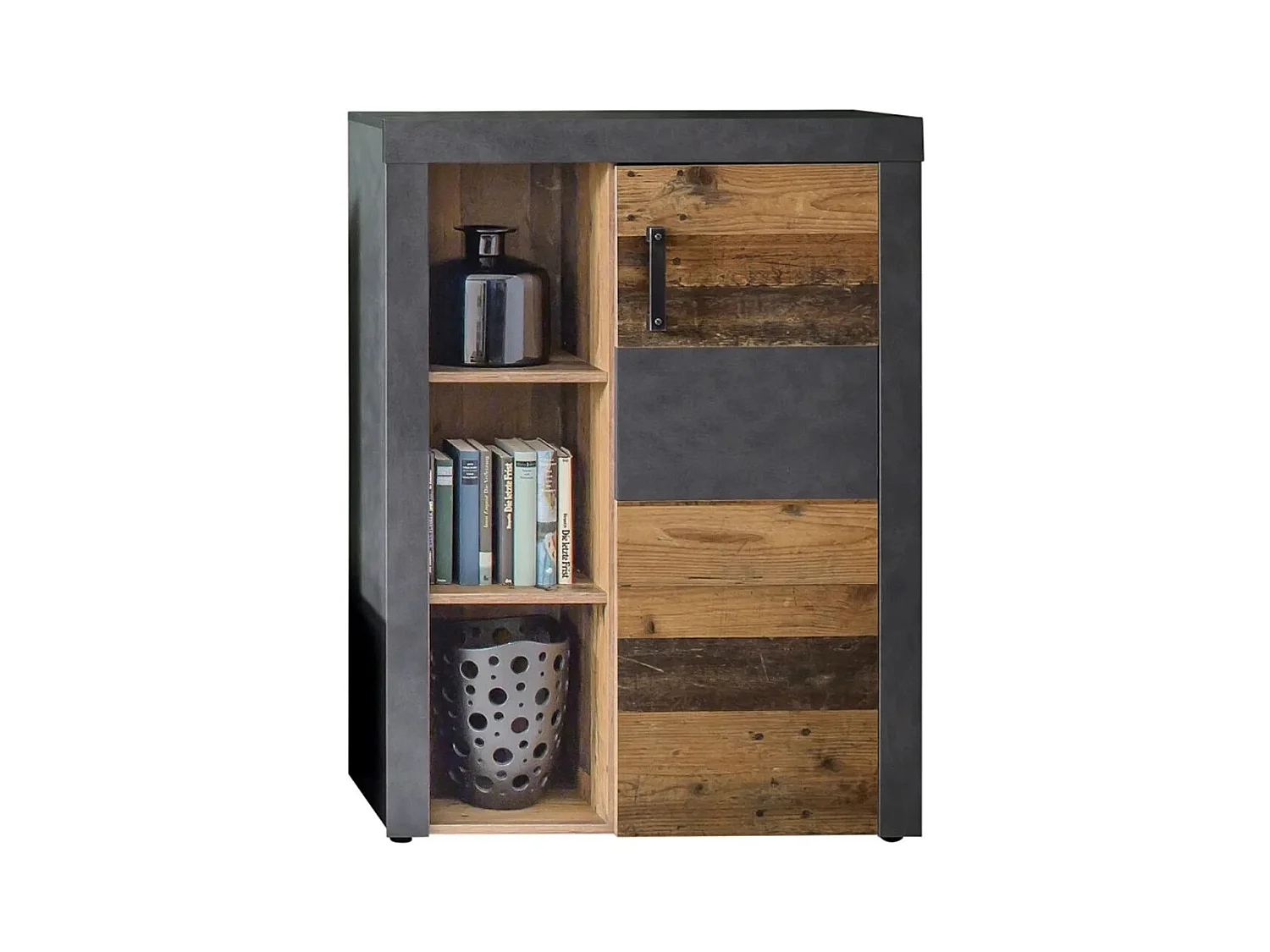 Bahut 1 porte mélaminé chêne foncé et gris Orcel