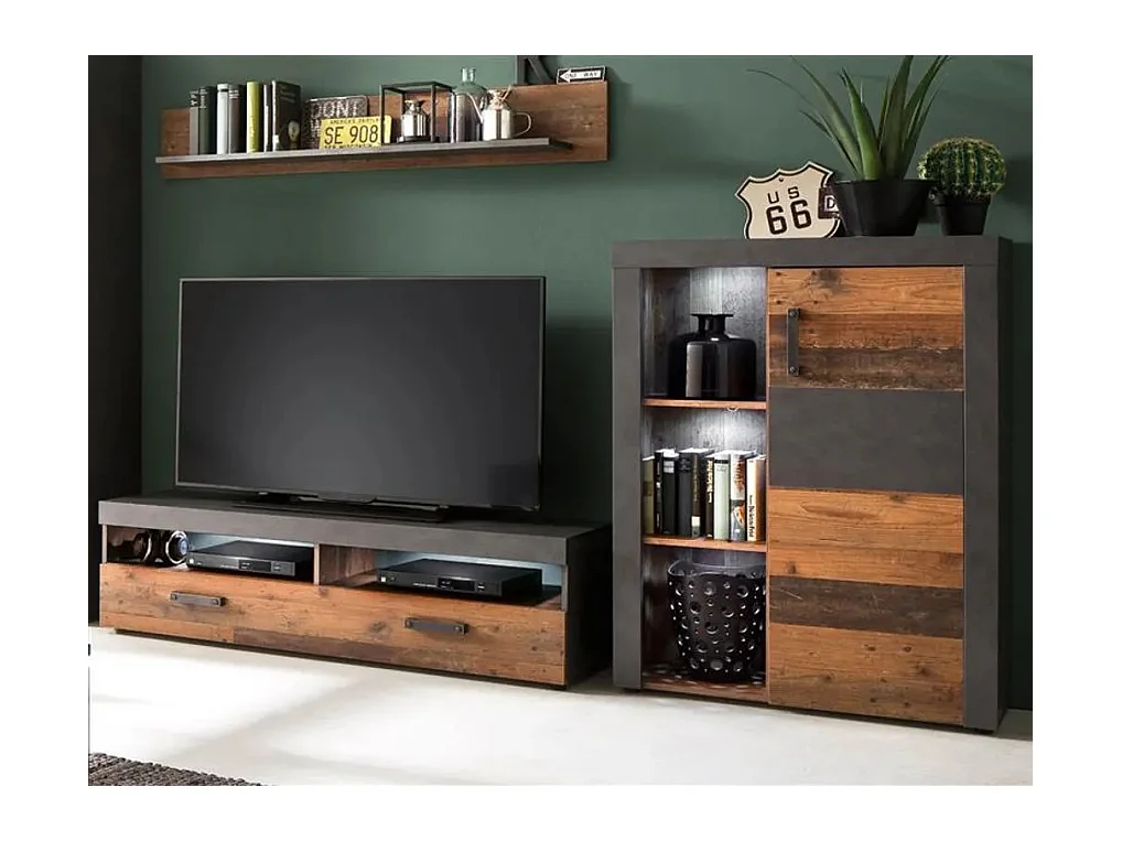 Bahut 1 porte mélaminé chêne foncé et gris Orcel