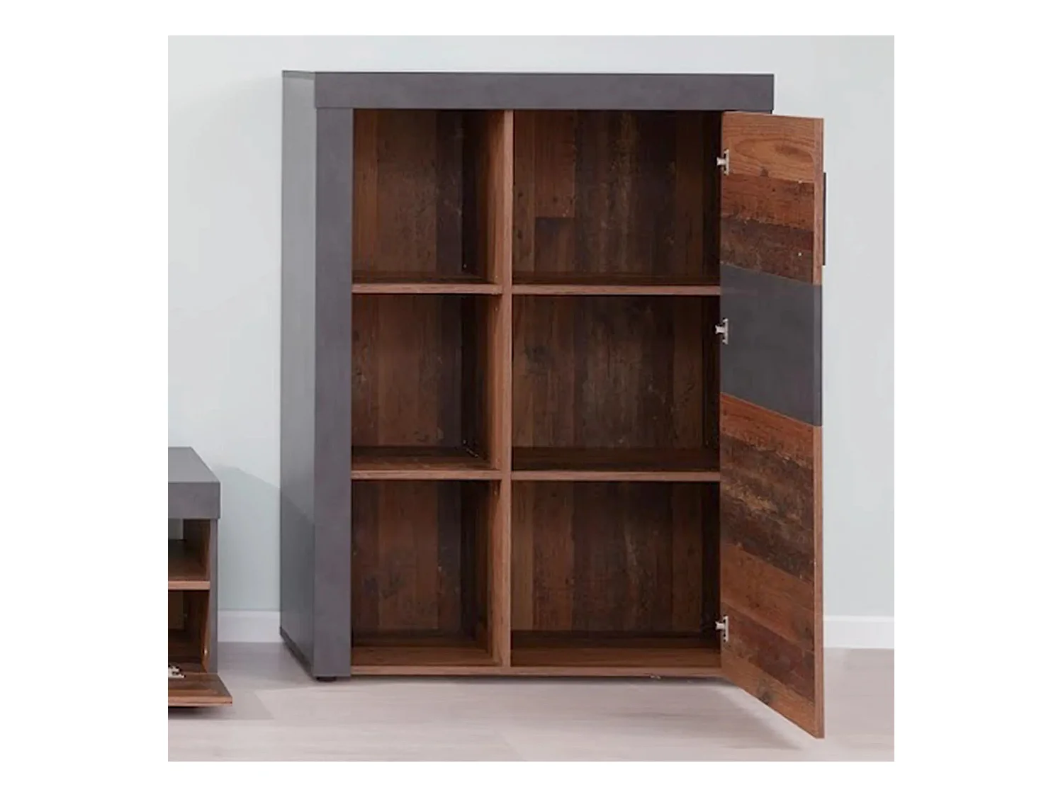 Bahut 1 porte mélaminé chêne foncé et gris Orcel