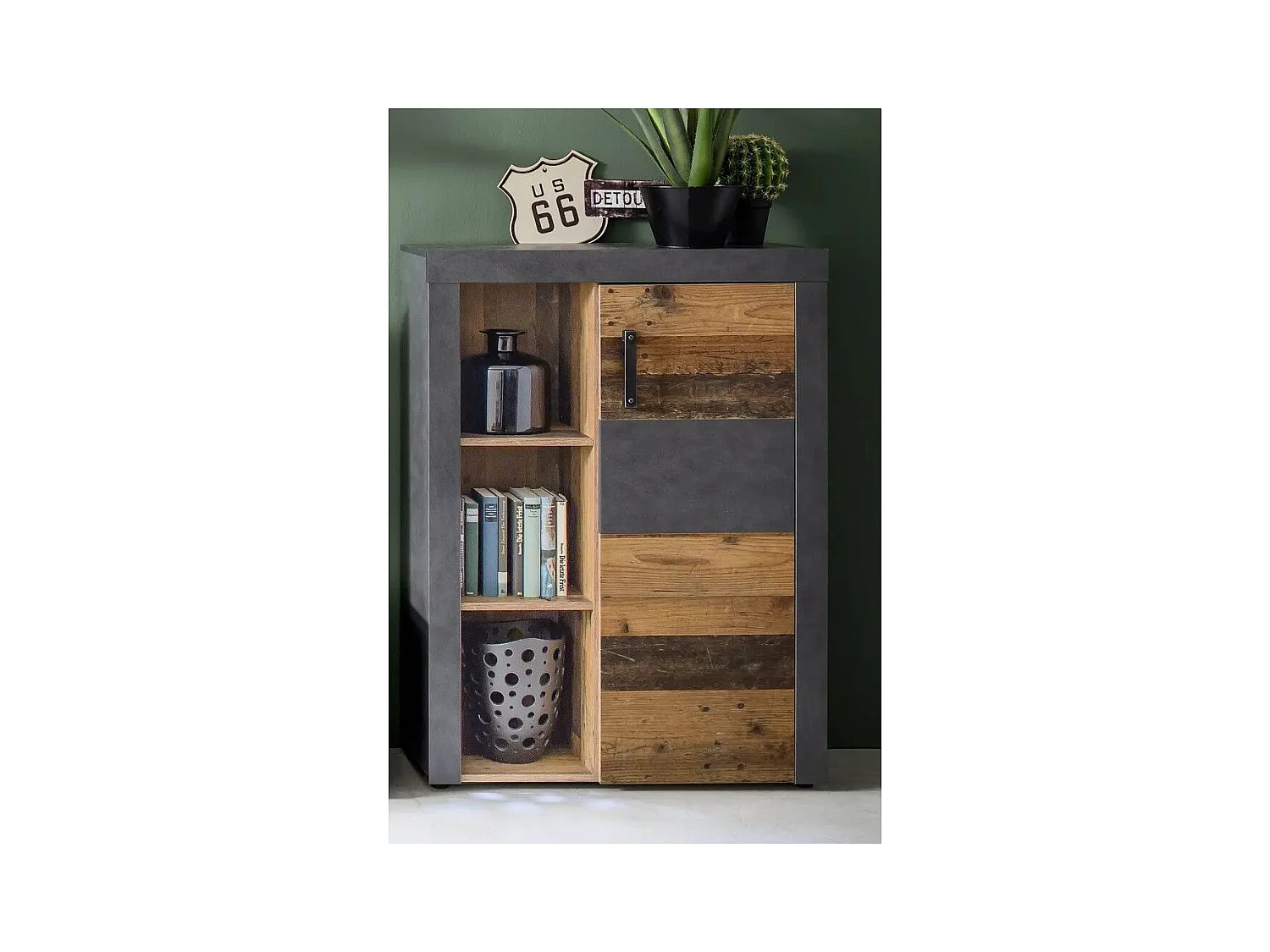 Bahut 1 porte mélaminé chêne foncé et gris Orcel