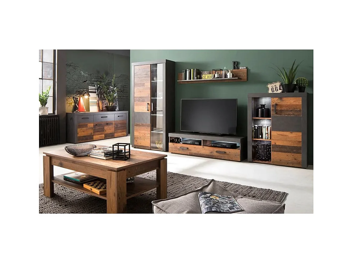 Bahut 1 porte mélaminé chêne foncé et gris Orcel