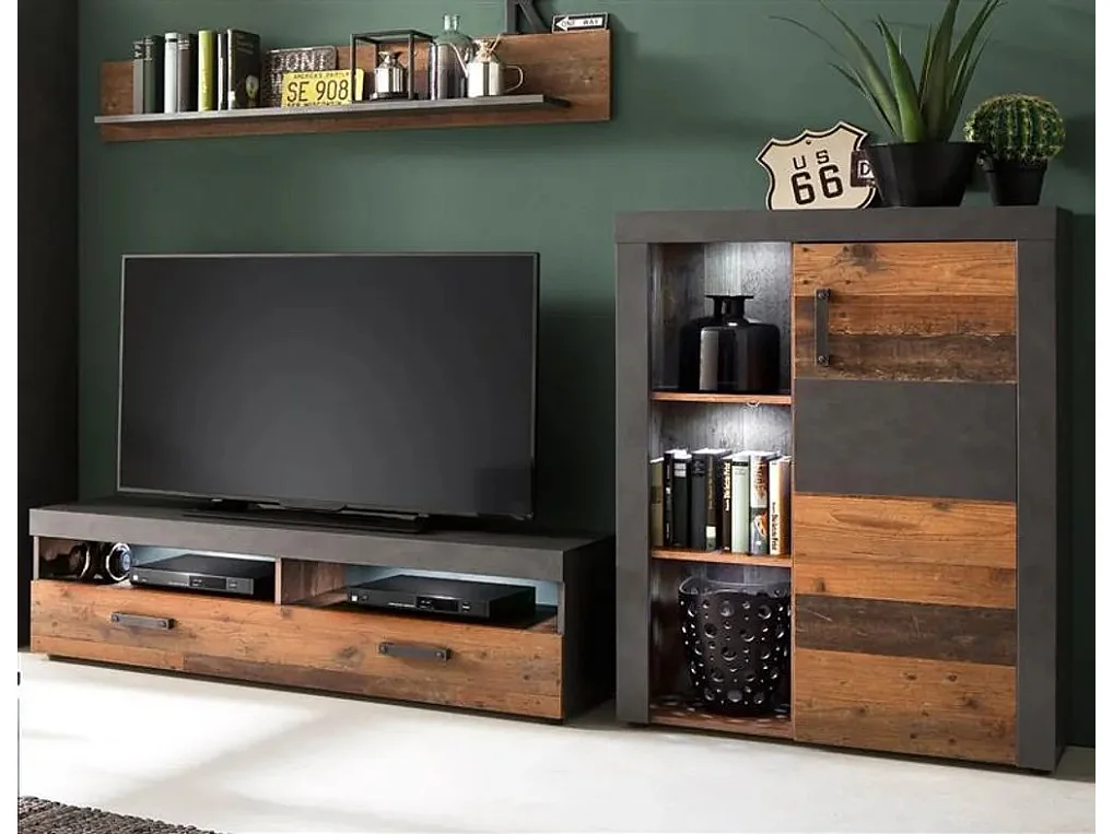 Bahut 1 porte mélaminé chêne foncé et gris Orcel