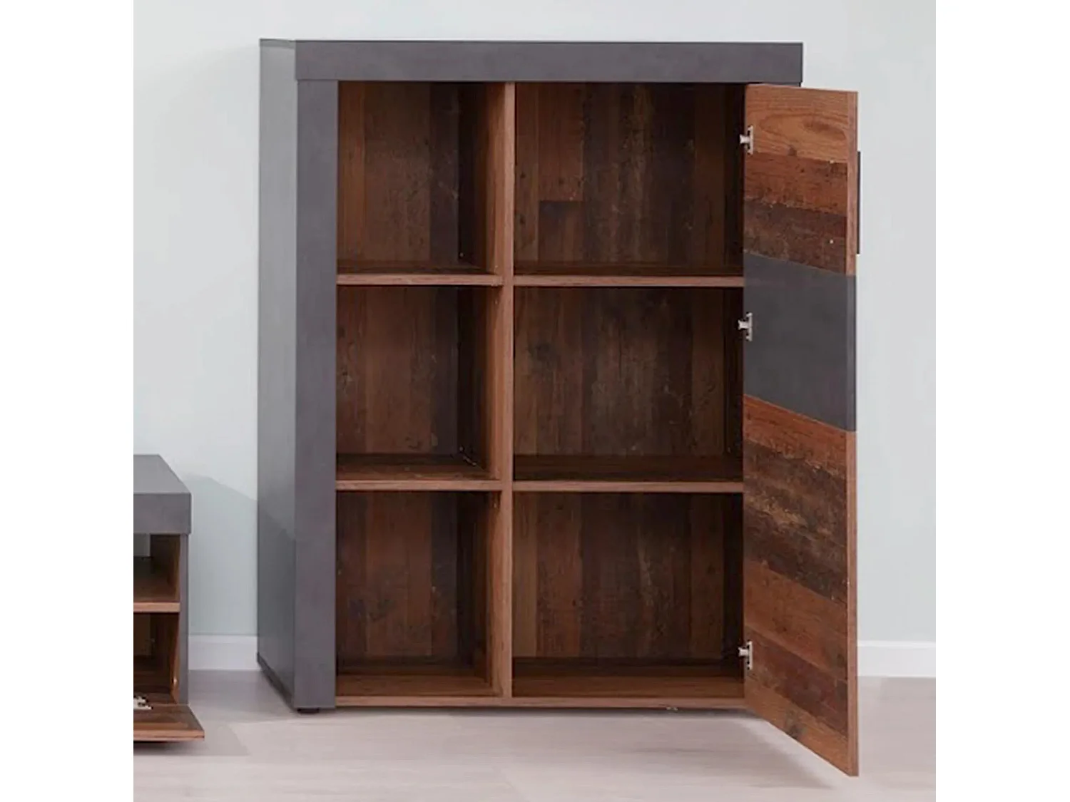 Bahut 1 porte mélaminé chêne foncé et gris Orcel