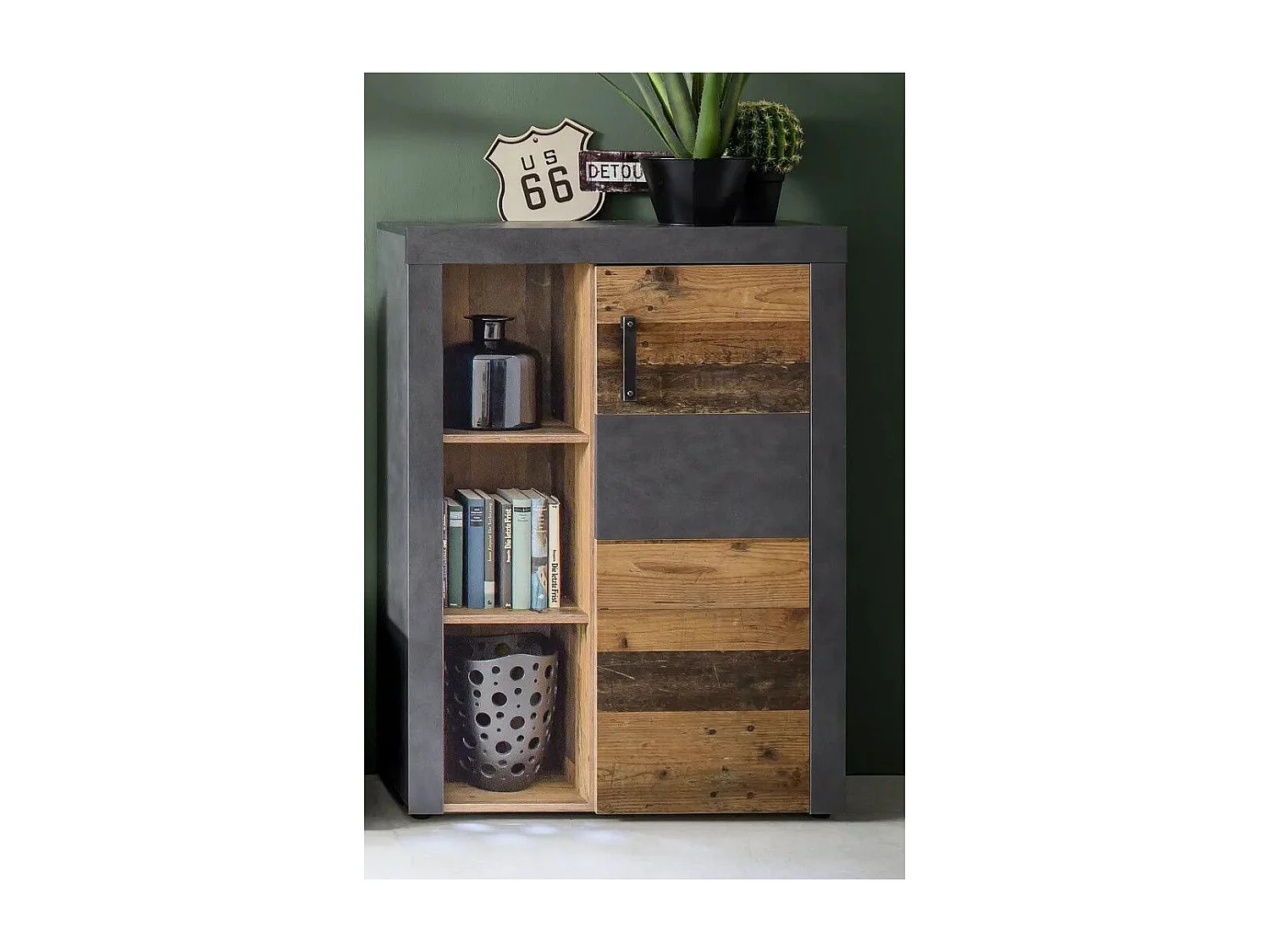 Bahut 1 porte mélaminé chêne foncé et gris Orcel