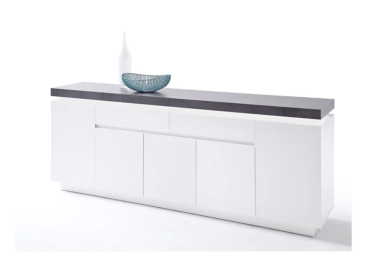 Buffet, meuble de rangement en bois coloris blanc, gris béton - Longueur 200 x Hauteur 80 x Profondeur 40 cm