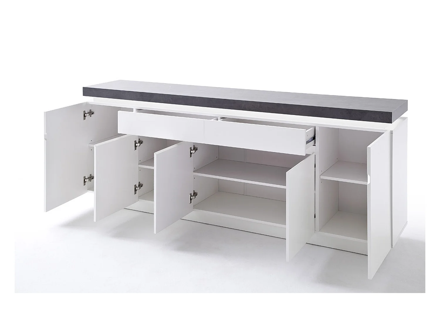 Buffet, meuble de rangement en bois coloris blanc, gris béton - Longueur 200 x Hauteur 80 x Profondeur 40 cm