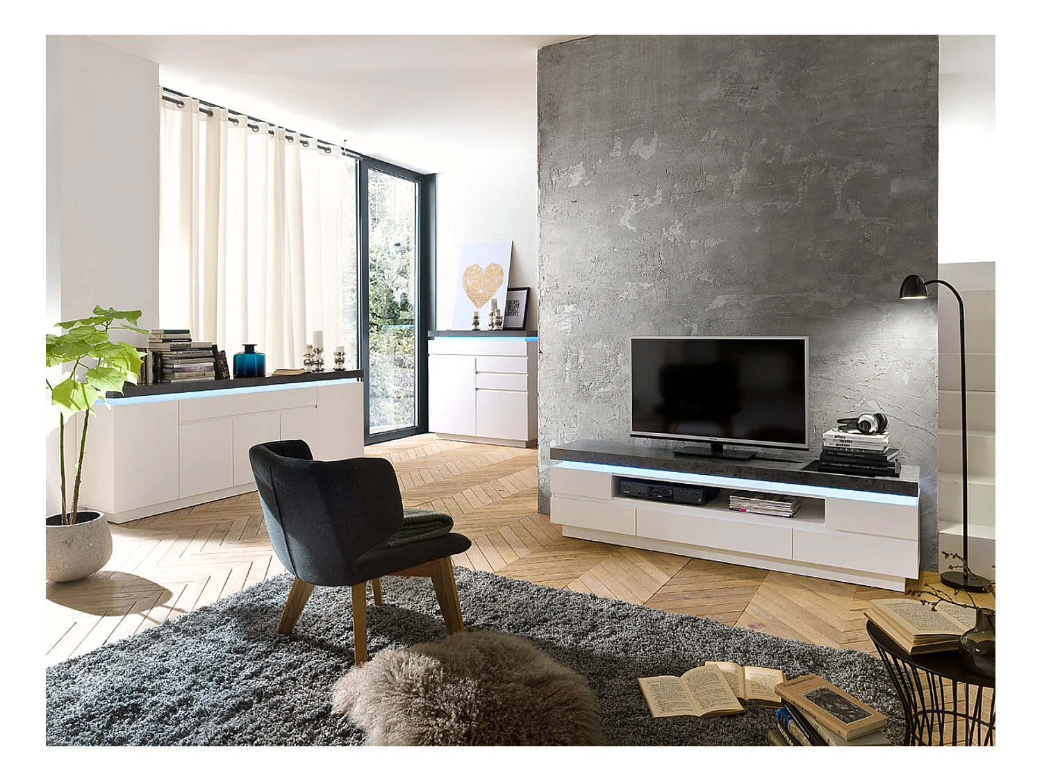 Buffet, meuble de rangement en bois coloris blanc, gris béton - Longueur 200 x Hauteur 80 x Profondeur 40 cm